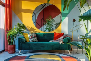 Eclectic Modern Living Space with a Plush Green Sofa and Colorful Geometric Walls