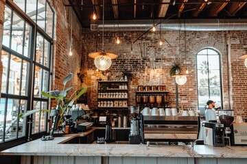 Industrial Chic Coffee Shop with Exposed Brick and Rustic Decor