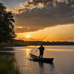A male fisherman is fishing at the pond. His hobby is fishing and he earns money from it. However, he is also a poacher, which can be dangerous.
