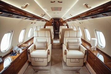 Luxurious Private Jet Interior with Leather Seats and Wooden Accents