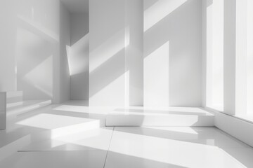 Modern White Room with Geometric Shadows Casting Through Grid Windows