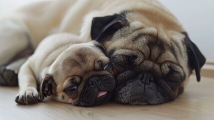 Obraz premium a pug and a young brown pug dog as they play together on the floor, bathed in soft light against a light background.