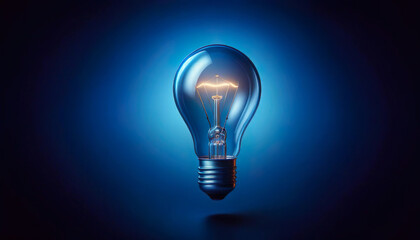 A glowing light bulb radiates brilliance against a serene blue background - obrazy, fototapety, plakaty