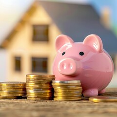 Pink piggy bank next to gold coins and real estate. investment in real estate. saving. generative ai