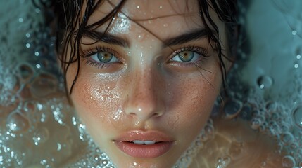 The girl in the pool close up. Close-up portrait of a beautiful young woman with wet skin and wet hair