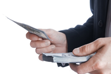 Business man holding money on white background