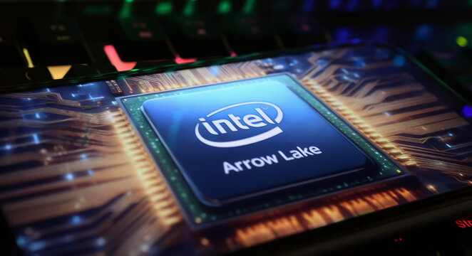 Viersen, Germany - March 1. 2024: Closeup of smartphone screen with logo lettering of Intel arrow lake CPU on computer keyboard