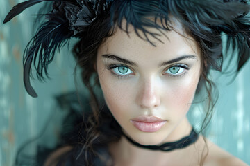 Woman With Blue Eyes Wearing Black Feather Hat
