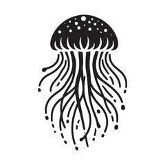 Fluid Tranquility: Vector Jellyfish Silhouette - Capturing the Graceful Movement and Ethereal Beauty of Underwater Life. Minimalist black vector illustration. - obrazy, fototapety, plakaty