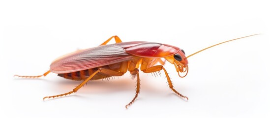 A red American cockroach, also known as a Periplaneta cockroach, is seen up close on a plain white background.