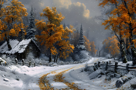 Snowy Country Road With Cabin