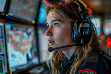 a united states emergency services call dispatcher speaking into their headset and with tracking maps on the screens - obrazy, fototapety, plakaty