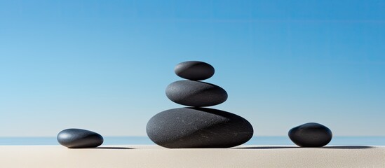 A stack of four black pebbles sits on top of a sandy beach, contrasting against the bright sand and under a clear blue sky backdrop.