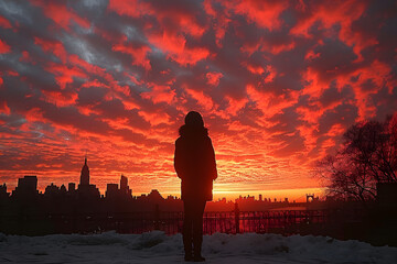 Fototapeta premium Person Standing in Snow at Sunset