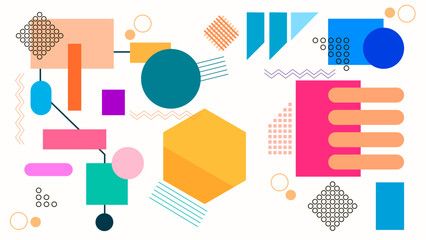 ABSTRACT BACKGROUND WITH GEOMETRIC SHAPES PASTEL FLAT COLOR VECTOR MEMPHIS DESIGN TEMPLATE FOR WALLPAPER, COVER DESIGN, HOMEPAGE DESIGN