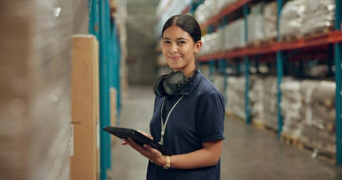 Happy woman, logistics and inventory inspection with tablet for supply chain or quality assurance at warehouse. Portrait of female person with technology for checklist, shipping or storage management