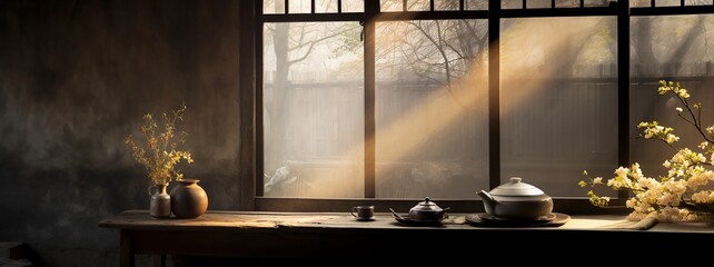 Oriental wabi sabi style interior decoration, background banner format.