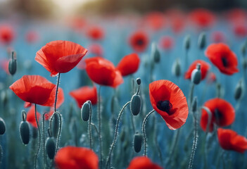Naklejka premium Banner with red poppy flowers on blue background symbol for remembrance memorial Anzac Day a national day of remembrance in Australia and New Zealand
