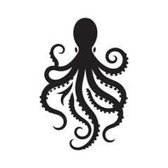 Ink and Arms: Vector Octopus Silhouette - Capturing the Elegance and Mystique of the Ocean's Intelligent Invertebrate. Minimalist black octopus illustration. © Wolfe 