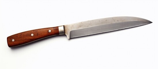 A large kitchen knife with a wooden handle placed on a clean white surface. The knife exudes a professional and sturdy appearance, perfect for culinary use.