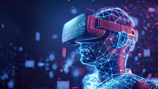 Person wearing VR headset. Future technology concept. Colorful neon lights.