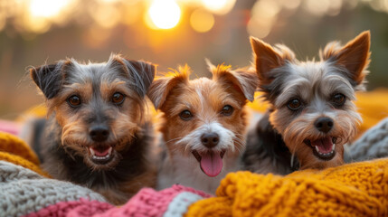 several dogs sit on the grass and bask in the sun's rays