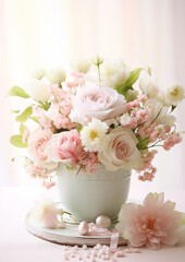 Delicate flowers of pastel colors in a vase. On a white background