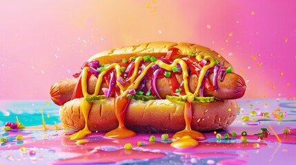 Hot-dog pokryty ketchupem i musztardą na różowym tle,  z posypką, w stylu vaporwave.