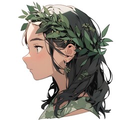 Cartoon anime style avatar side-view portrait of a young woman with long dark hair decorated with leaves