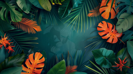Modern layout with tropical colorful leaves in the green background, copy space