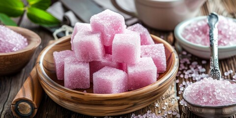 pink sugar cubes in a wooden bowl on the wooden table. 