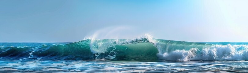 ocean-view seascape landscape Big surfing ocean wave with slightly cloudy sky and the sun. AI generated illustration