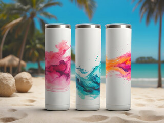 Mockup of three white designs, 20-ounce thin tumblers design.