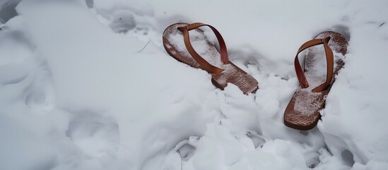 flip flop sandals in the snow.  - obrazy, fototapety, plakaty
