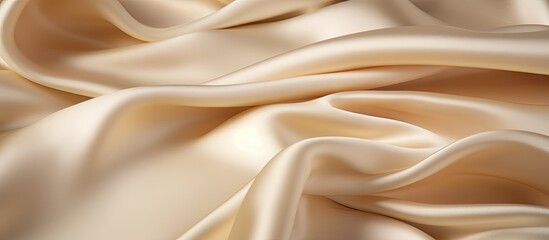 This close-up view showcases the intricate details and textures of a white and beige fabric, highlighting its smooth matte finish. The beige golden silk fabric is known for its durability and