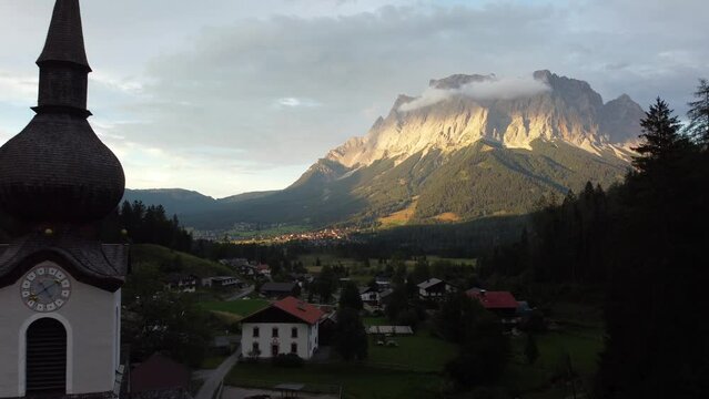 Fly past church in the mountains