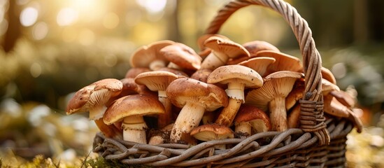 Fresh and colorful assorted wild mushrooms in a rustic woven basket