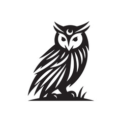 Night's Guardian: Black Vector Owl Silhouette - Capturing the Mystery and Majesty of Nature's Nocturnal Hunter. Minimalist Owl illustration.
