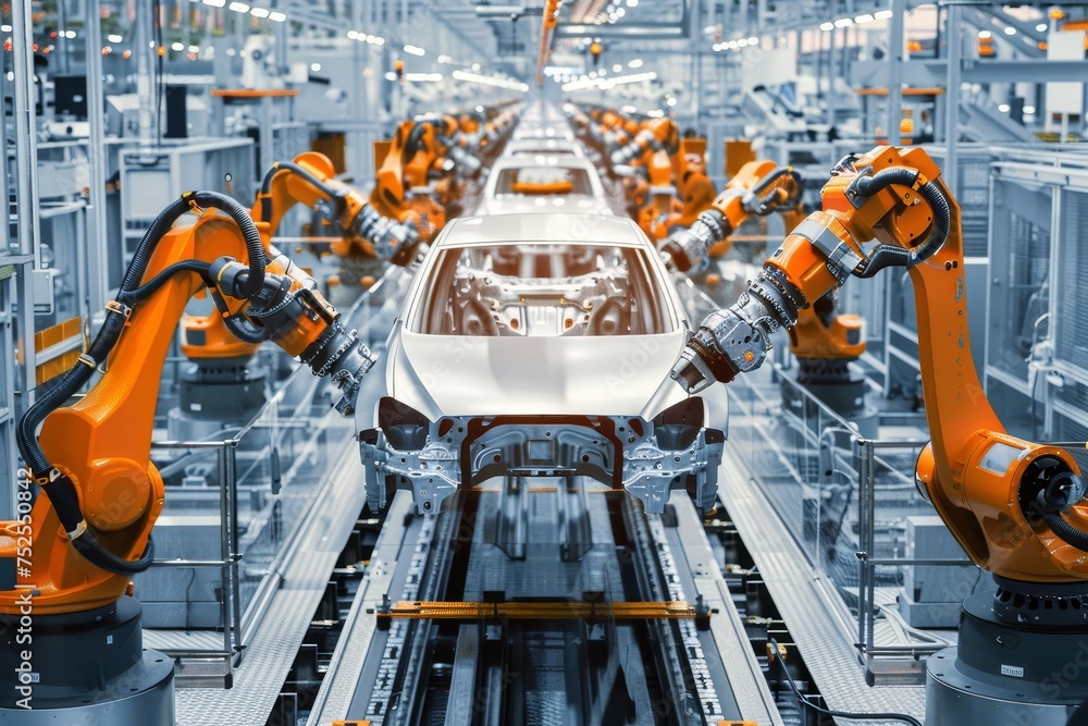 Poster automated robotics line assembling electric vehicles