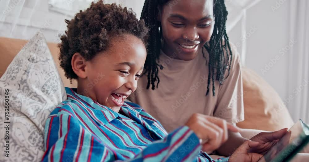 Poster Tablet, laughing and mother with child on bed networking on social media, app or internet. Happy, bonding and African mom with kid in bedroom scroll online with digital technology together at home.