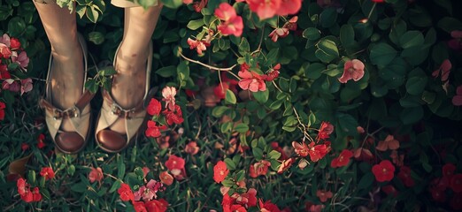 person legs standing in the pink flowers with brown retro style shoes. 