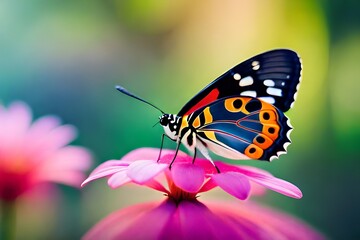 Obraz premium butterfly on a flower, blurred background, macro photography created with generative ai technology
