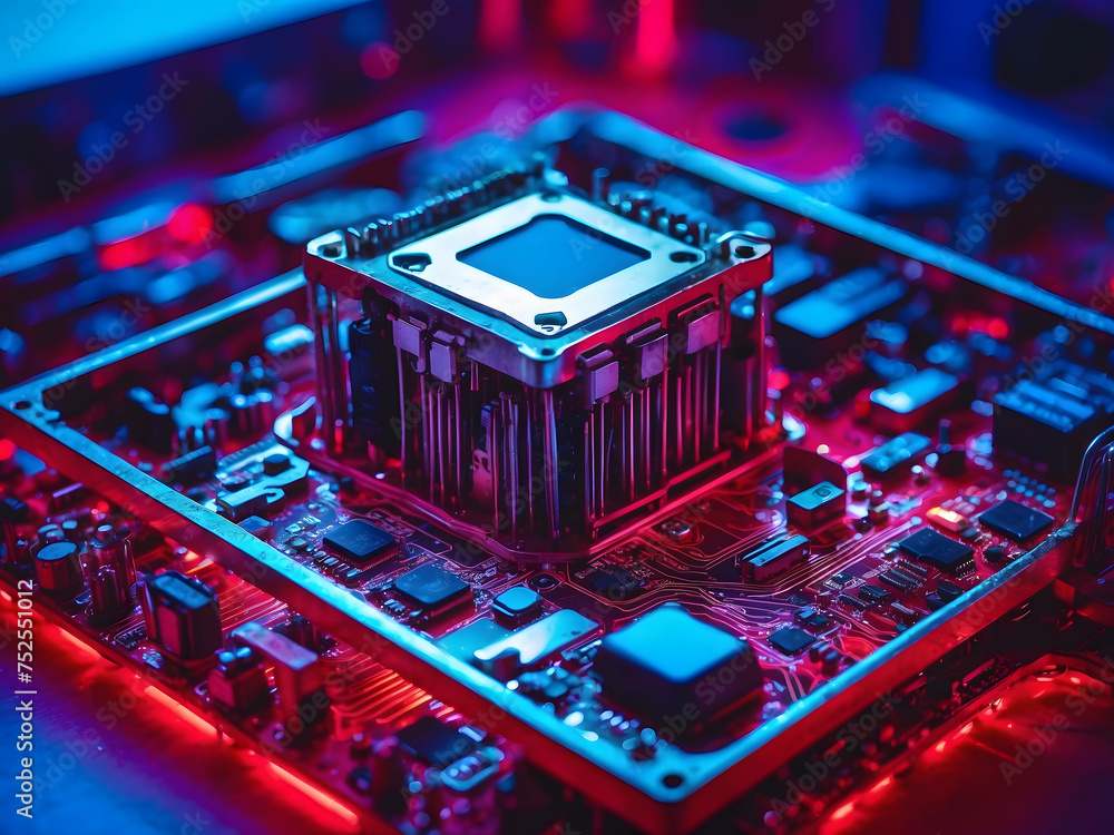 Aufkleber a close-up of a computer motherboard with red and blue lights, and computer graphics design.