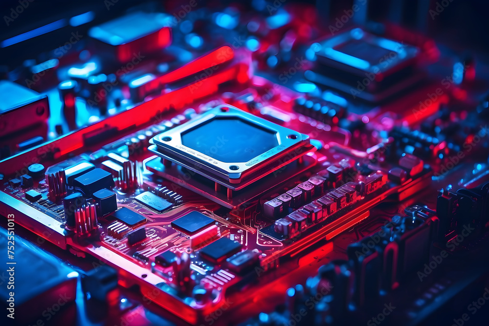 Poster a close-up of a computer motherboard with red and blue lights, and computer graphics design.