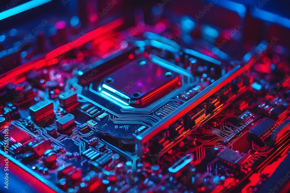 Aufkleber a close-up of a computer motherboard with red and blue lights, and computer graphics design.