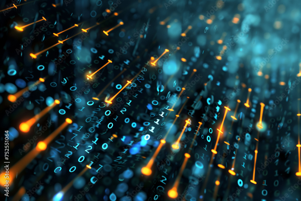 Poster digital binary code cascading with glowing orange accents on a blue backdrop