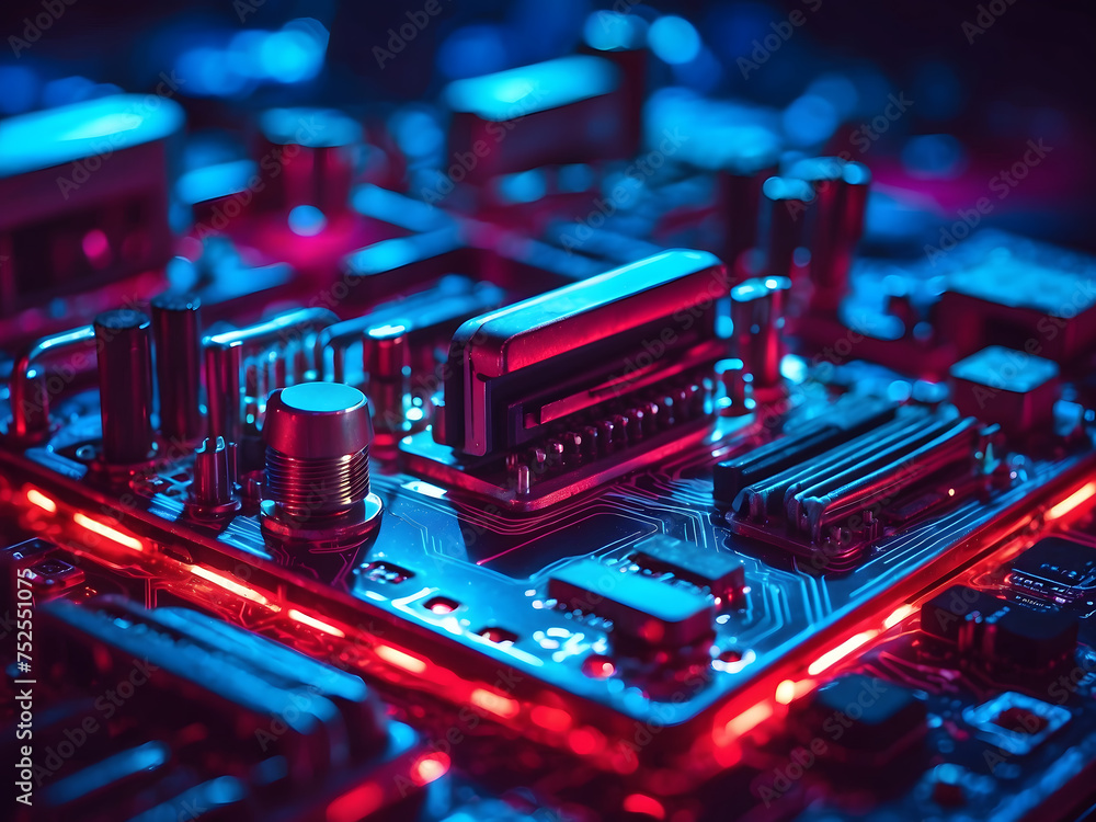 Aufkleber a close-up of a computer motherboard with red and blue lights, and computer graphics design.