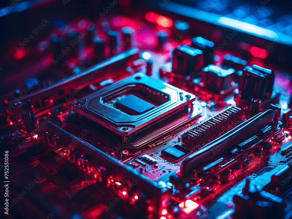 Poster a close-up of a computer motherboard with red and blue lights, and computer graphics design.