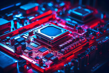 A close-up of a computer motherboard with red and blue lights, and computer graphics design. - obrazy, fototapety, plakaty