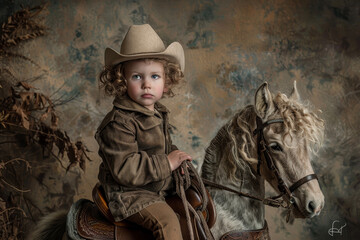 Fototapeta na wymiar A child sitting on a rocking horse and holding a cowboy hat